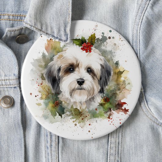 Havanese Kerstkrans Feestelijke Pup Ronde Button 6,0 Cm (In situ)