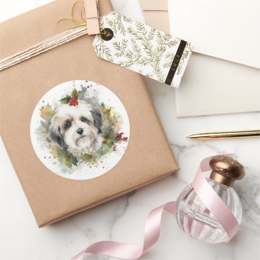 Havanese Kerstkrans Feestelijke Pup Ronde Sticker (Geschenken)