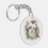 Havanese Kerstkrans Feestelijke Pup Sleutelhanger (Voorkant Links)