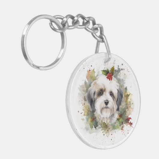 Havanese Kerstkrans Feestelijke Pup Sleutelhanger (Voorkant Links)