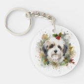 Havanese Kerstkrans Feestelijke Pup Sleutelhanger (Voorkant)