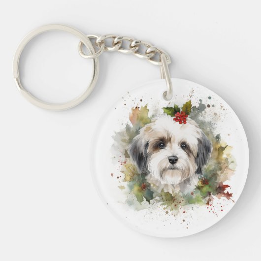 Havanese Kerstkrans Feestelijke Pup Sleutelhanger (Voorkant)