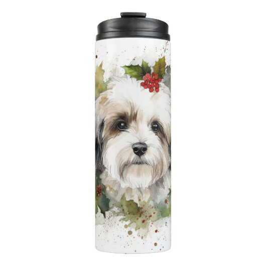 Havanese Kerstkrans Feestelijke Pup Thermosbeker (Voorkant)