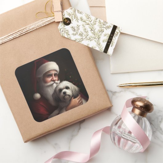 Havanese met Kerstman Feestelijke Kerst Vierkante Sticker (Geschenken)