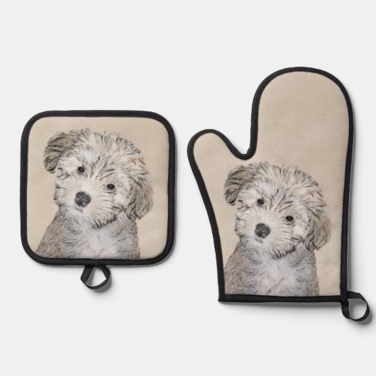 Havanese Puppy Schilderij Sable Originele Huisdier Ovenwant & Pannenlap Set (Voorkant)