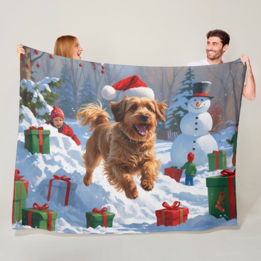 Havanese rent in de sneeuw met kerstmuts fleece deken (In situ)