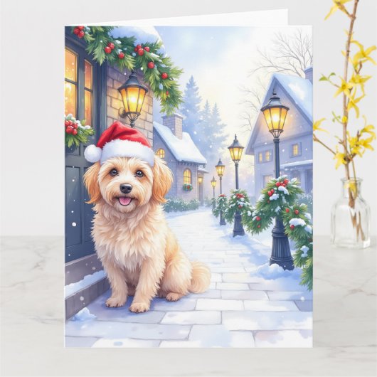 Havanese Snowy Village Walk Santa Hat Christmas Kaart (Gele Bloem)
