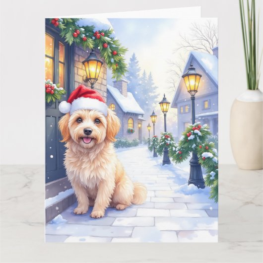 Havanese Snowy Village Walk Santa Hat Christmas Kaart (Voorkant)