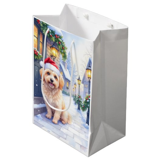 Havanese Snowy Village Walk Santa Hat Christmas Medium Cadeauzakje (Voorkant Gekanteld)