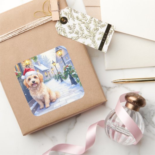 Havanese Snowy Village Walk Santa Hat Christmas Vierkante Sticker (Geschenken)