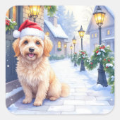 Havanese Snowy Village Walk Santa Hat Christmas Vierkante Sticker (Voorkant)