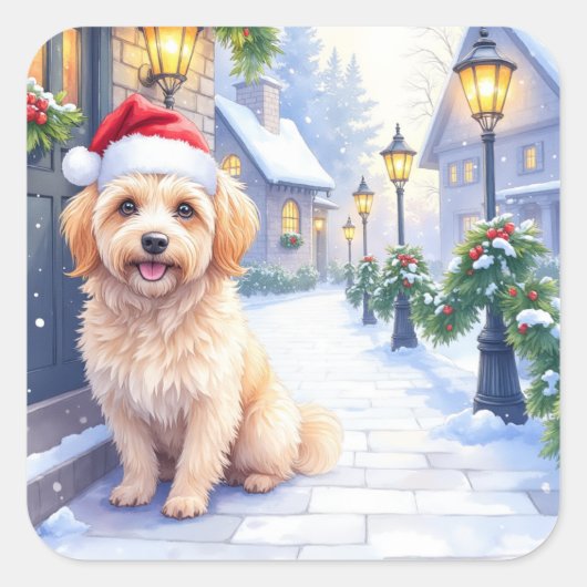 Havanese Snowy Village Walk Santa Hat Christmas Vierkante Sticker (Voorkant)