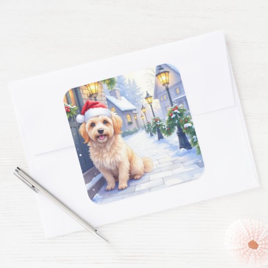 Havanese Snowy Village Walk Santa Hat Christmas Vierkante Sticker (Envelop)