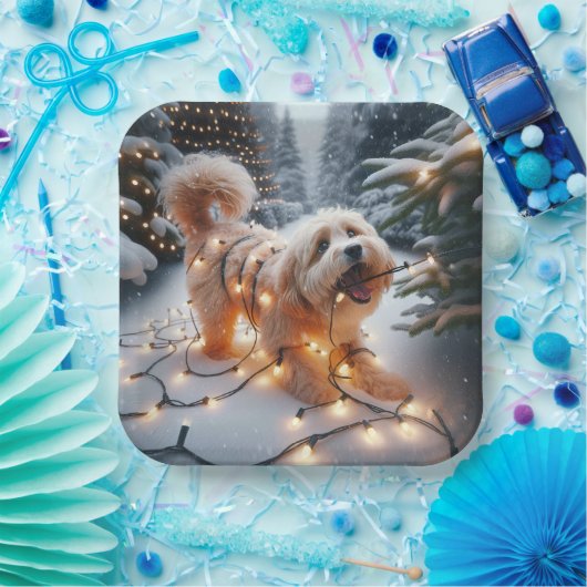 Havanezer hond in verwarde kerstverlichting papieren bordje (Feest)