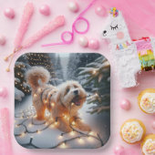 Havanezer hond in verwarde kerstverlichting papieren bordje (Feest)