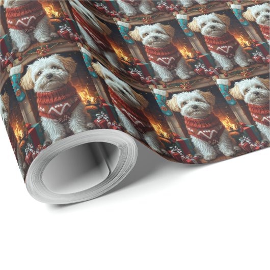 Havanezer hond met kerstcadeaus cadeaupapier (Rol Hoek)