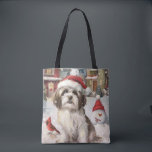 Havanezer Winter Wonderland Christmas Joy Tote Bag<br><div class="desc">Dit feestelijke ontwerp vangt de vrolijke sfeer van het vakantieseizoen, met een schattige pup die een kerstmuts draagt. De hond is genesteld in een winterwonderland, compleet met een sneeuwpop, een versierde kerstboom en prachtig ingepakte cadeaus. Sneeuwvlokken herfsten zachtjes en voegen een magische toets toe aan het tafereel, terwijl de levendige...</div>