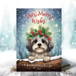 Havanezer Winter Wonderland Christmas Pet Portrait Feestdagenkaart<br><div class="desc">Deze schattige vakantie wenskaart is voorzien van een leuke Havanese Hond illustratie met een feestelijke kroonkrans van winterbloemen, hulst, dennen en bessen, met sneeuwvlokken zachtjes vallen tegen een Sneeuwende Winter Wonderland Scene. Hallo De kleine Havanezer glundert over het met sneeuw bedekte bos om te zeggen! De speelse tekst "Very Merry...</div>