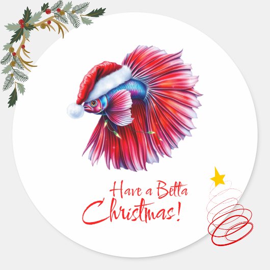 Have a Betta Christmas Funny Santa Fish Lover Pun Ronde Sticker