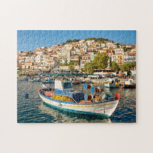 Haven met vissersboten in Plomari, Lesvos, Grieken Legpuzzel (Horizontaal)
