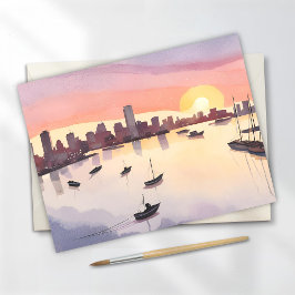 haven van Boston | Waterverf Cityscape Massachuset Briefkaart