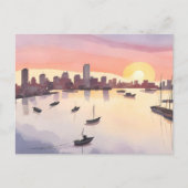 haven van Boston | Waterverf Cityscape Massachuset Briefkaart (Voorkant)