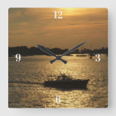 Havenboot Scène Late avond Zon Achter Wolken Vierkante Klok (Voorkant)