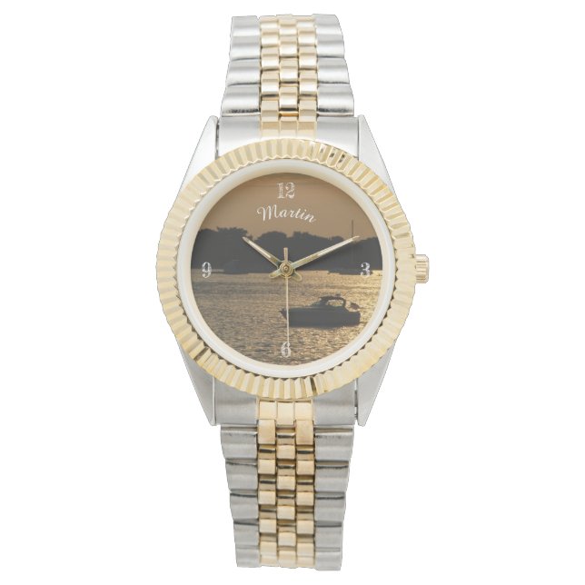 Havenbootscène late namiddag met bruine tinten horloge (Voorkant)