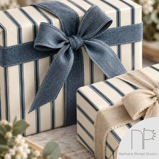 Havermout Navy Rustieke Dunne Ticking Strepen Cadeaupapier