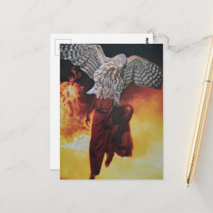 Havik in een rode jurk fantasie collage briefkaart