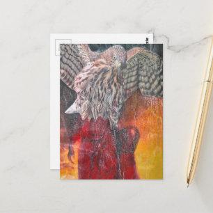 Havik in een rode jurk fantasie collage briefkaart