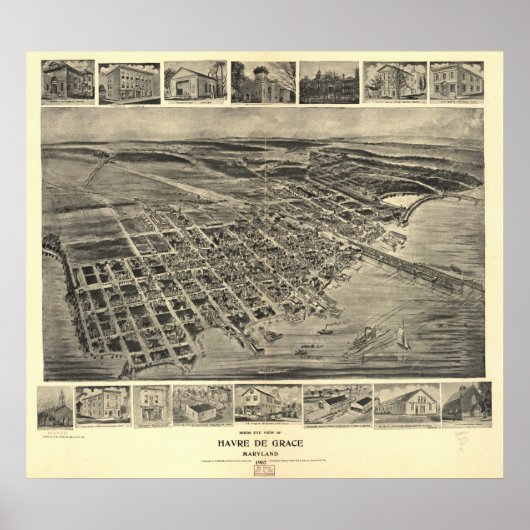 Havre de Grace Maryland 1907 Antiek Panorama Poster (Voorkant)
