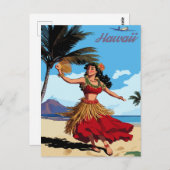Hawaï, Dancing Hula Meisje op het strand, Reizen Briefkaart (Voorkant / Achterkant)