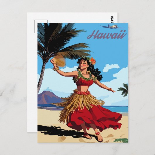 Hawaï, Dancing Hula Meisje op het strand, Reizen Briefkaart (Voorkant / Achterkant)