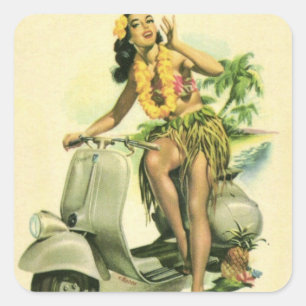 HAWAÏ HULA MEISJE MET SCOOTER VINTAGE REIZEN VIERKANTE STICKER
