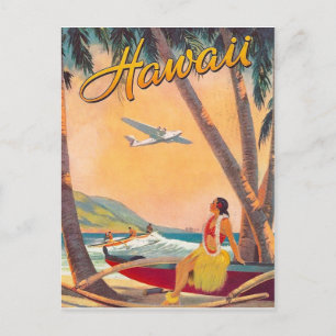 Hawaï, hula-meisje op tropische kust, vintage luch briefkaart