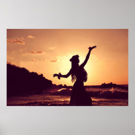 Hawaï, silhouet van hula-meisje bij zonsondergang, poster