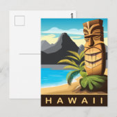 Hawaï, Tiki-beeld op het strand, Reizen Briefkaart (Voorkant / Achterkant)