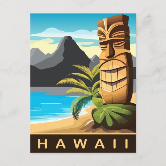 Hawaï, Tiki-beeld op het strand, Reizen Briefkaart (Voorkant)