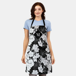 Hawaïaans Bloemen Zwart-wit Tropisch Monogram Schort