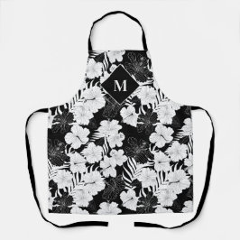 Hawaïaans Bloemen Zwart-wit Tropisch Monogram Schort