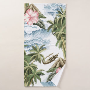 Hawaïaans eiland, palmboom, boot, roze badhanddoek