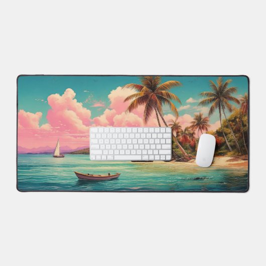 Hawaïaans  eiland, palmboom, boot, roze bureaumat (Keyboard & Muis)