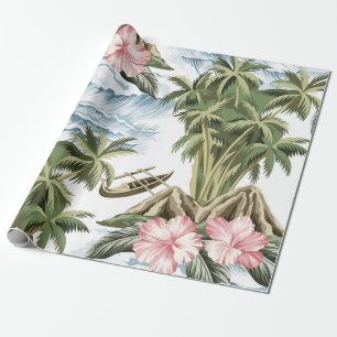 Hawaïaans  eiland, palmboom, boot, roze cadeaupapier