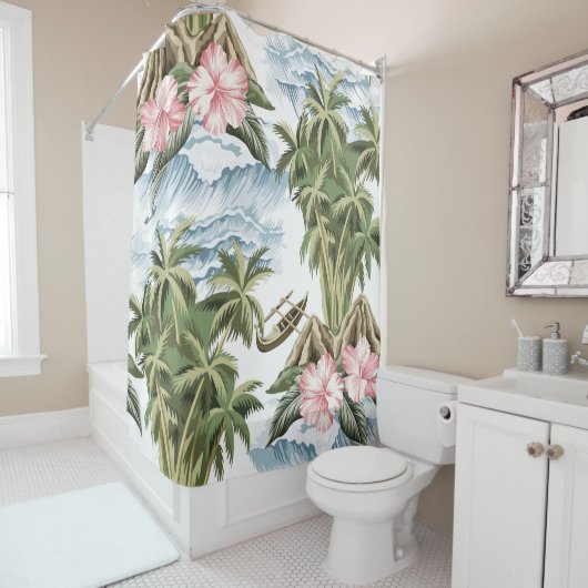 Hawaïaans  eiland, palmboom, boot, roze douchegordijn (In situ)