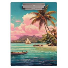 Hawaïaans  eiland, palmboom, boot, roze klembord