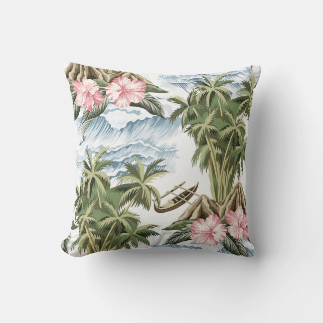 Hawaïaans  eiland, palmboom, boot, roze kussen (Voorkant)