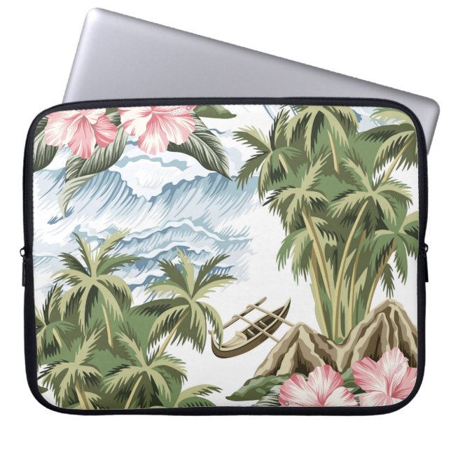 Hawaïaans  eiland, palmboom, boot, roze laptop sleeve (Voorkant)