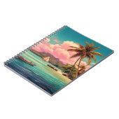 Hawaïaans  eiland, palmboom, boot, roze notitieboek (Linkerzijde)