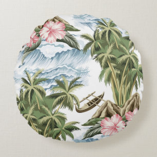 Hawaïaans  eiland, palmboom, boot, roze rond kussen